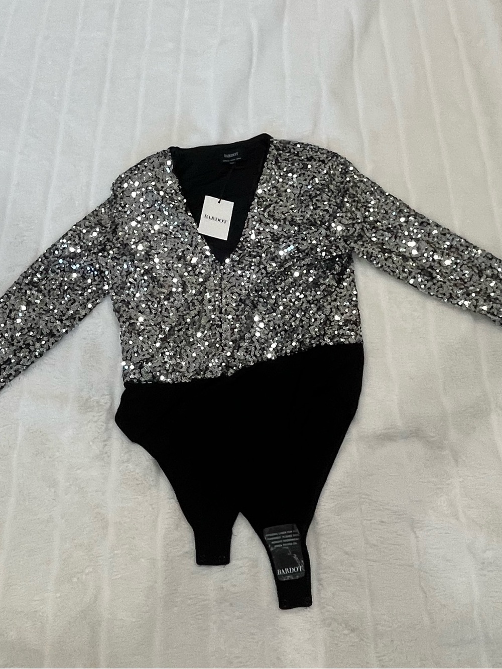Bardot Silver Sequin Long-Sleeve Bodysuit with Black Bottom